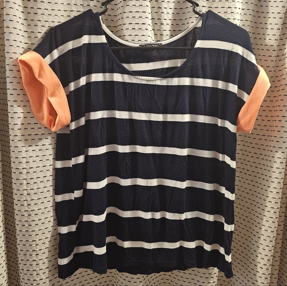 Papermoon Navy and White Striped Tee with Orange Accents